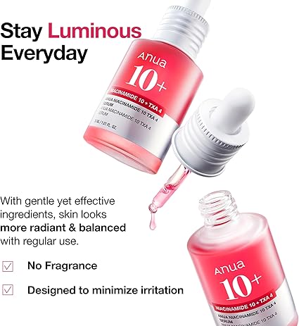 Anua skincare product with dropper and text about staying luminous everyday.