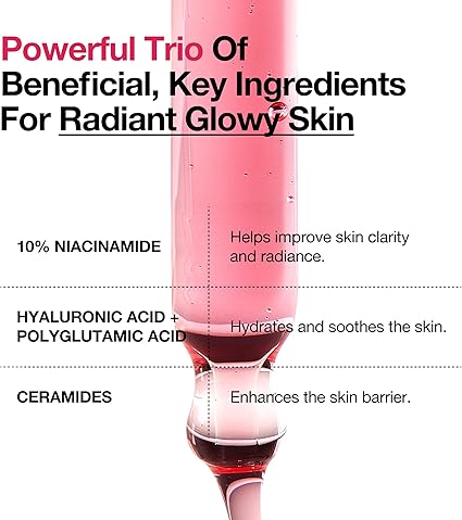 Diagram of skincare product with text about beneficial ingredients for radiant skin.