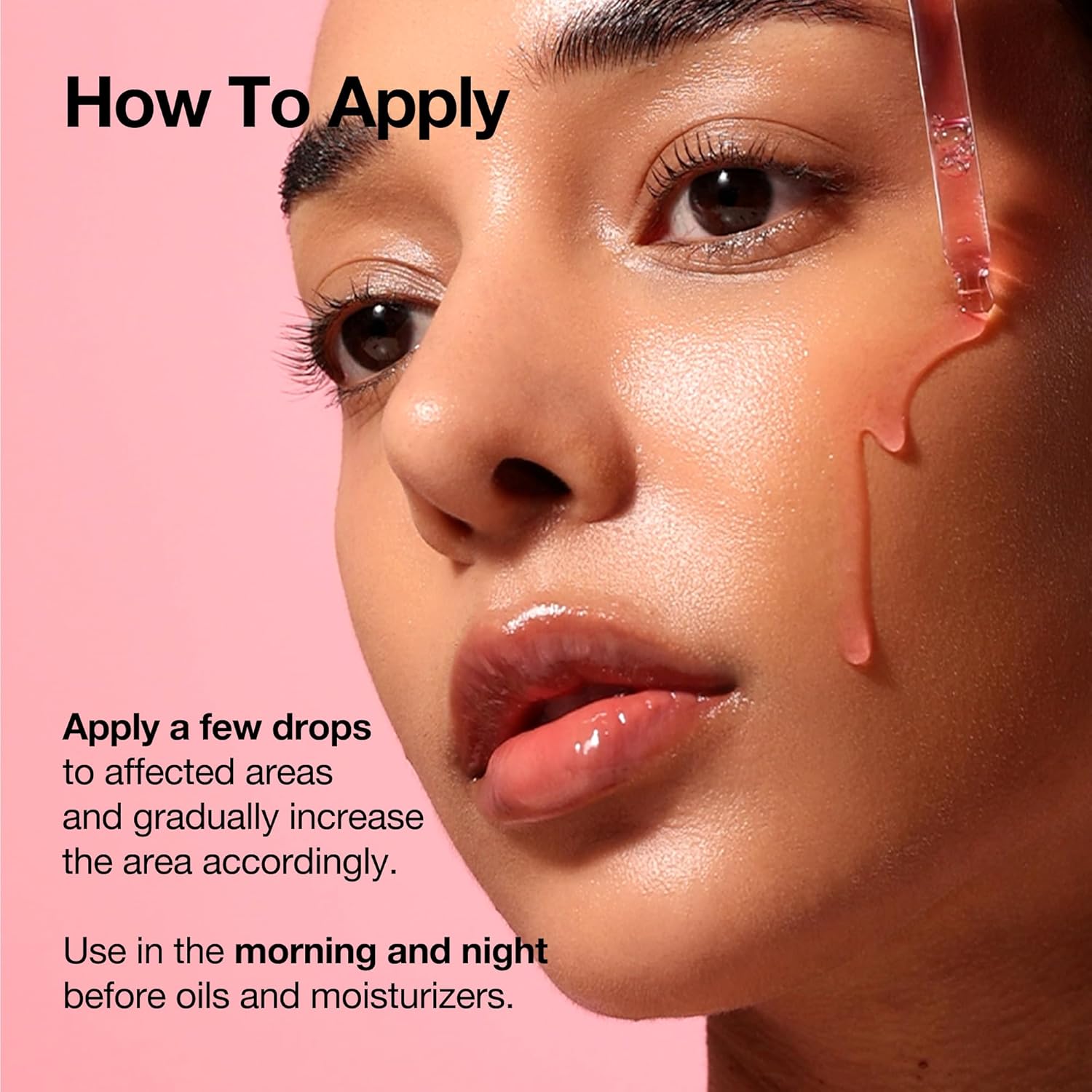 Close-up of a person's face with text on how to apply a product, against a pink background.