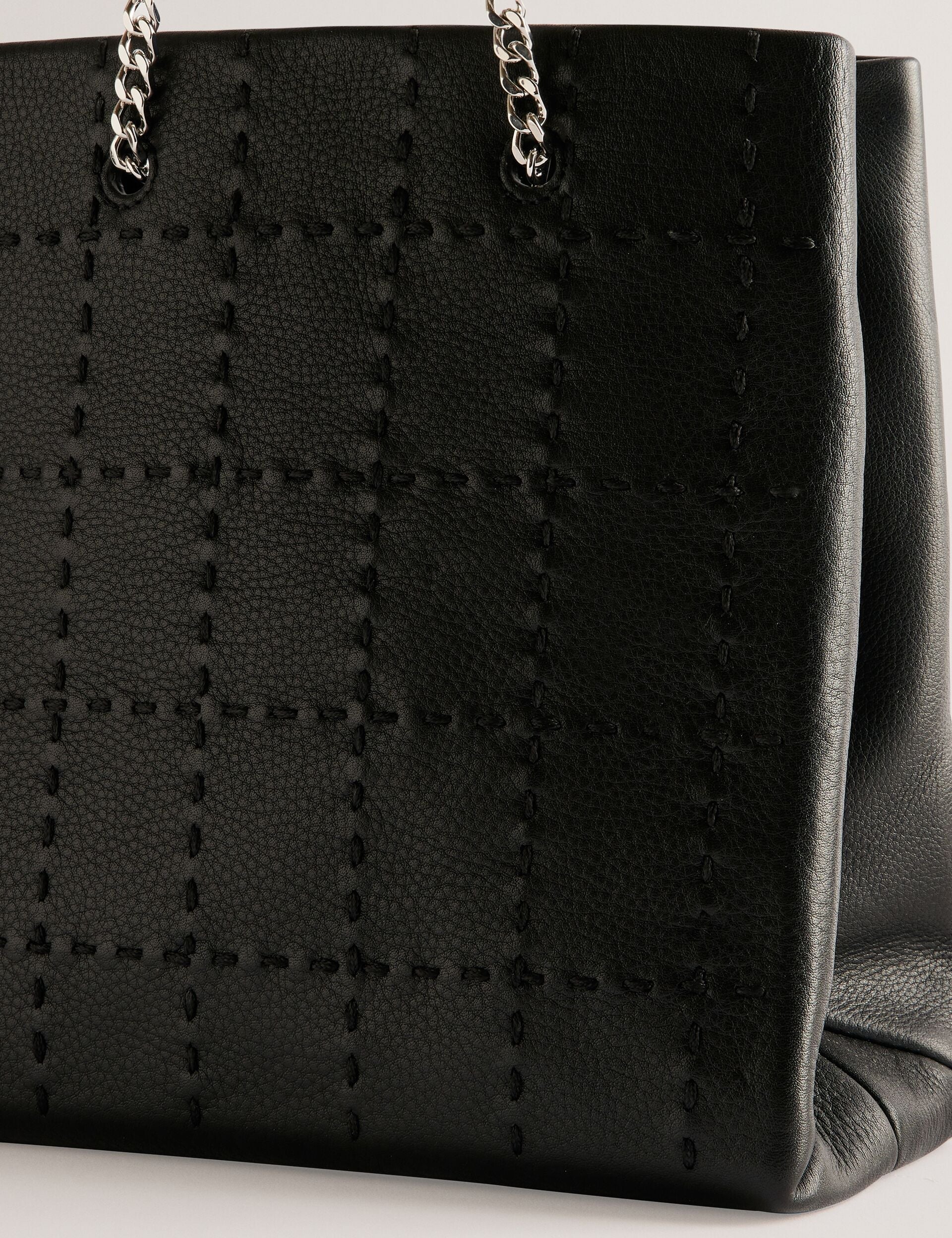 STALIA Stitch Detail Leather Small Black Tote Bag